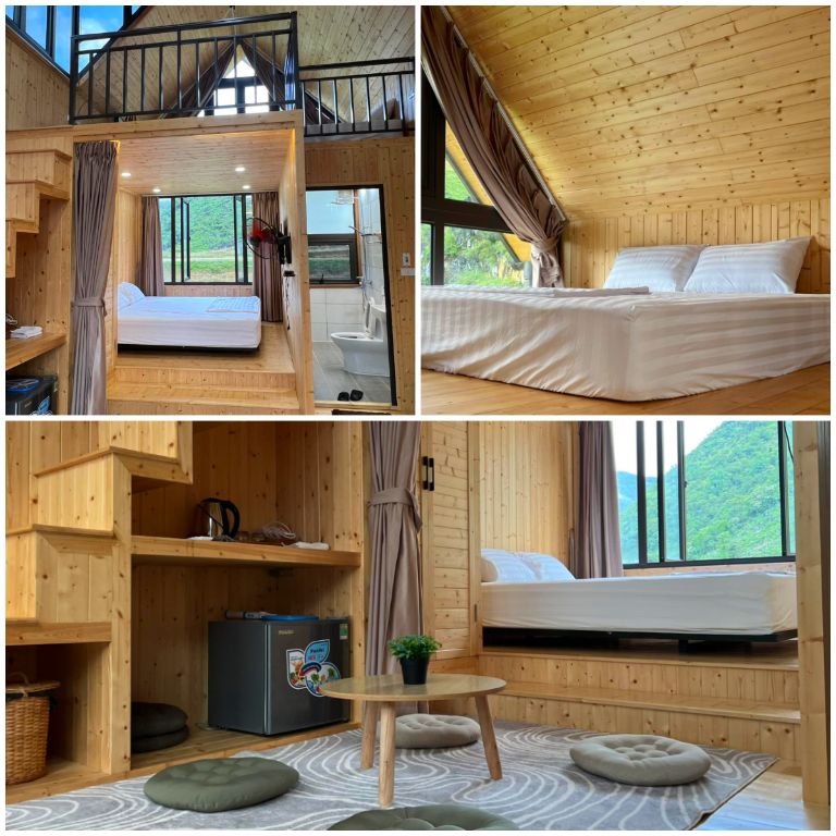 Tầng 1 của bungalow gồm một phòng tắm khép kín, một giường kích thước 1m6 x 1m2 và khu vực sinh hoạt chung với 4 đệm trải phong cách Nhật Bản.