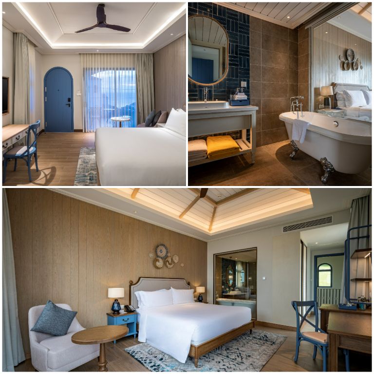 Các hạng phòng ngủ đều được thiết kế theo phong cách Địa Trung Hải với màu xanh dương làm điểm nhấn nổi bật. (Nguồn: Internet)
