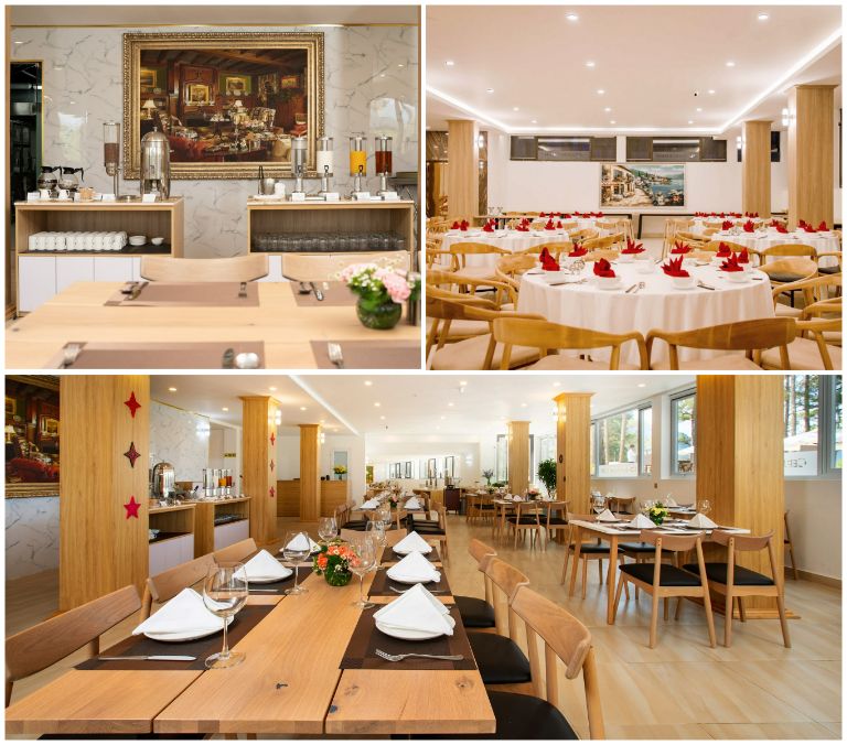 Không gian bên trong nhà hàng ấm cúng, sang trọng với nội thất gỗ màu nâu cà phê và tường được ốp gạch vân đá marble. (Nguồn: Internet)