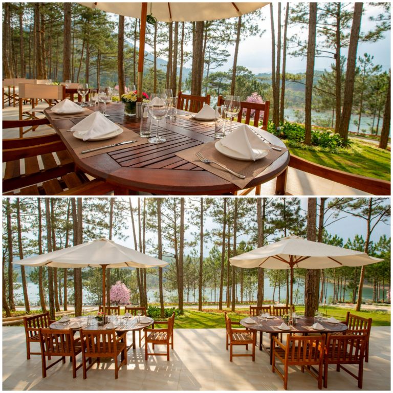 Nhà hàng còn cung cấp khu vực ngồi ngoài trời rộng thoáng và mát mẻ với tầm nhìn tuyệt đẹp ra hồ Tuyền Lâm trong xanh. (Nguồn: Internet)