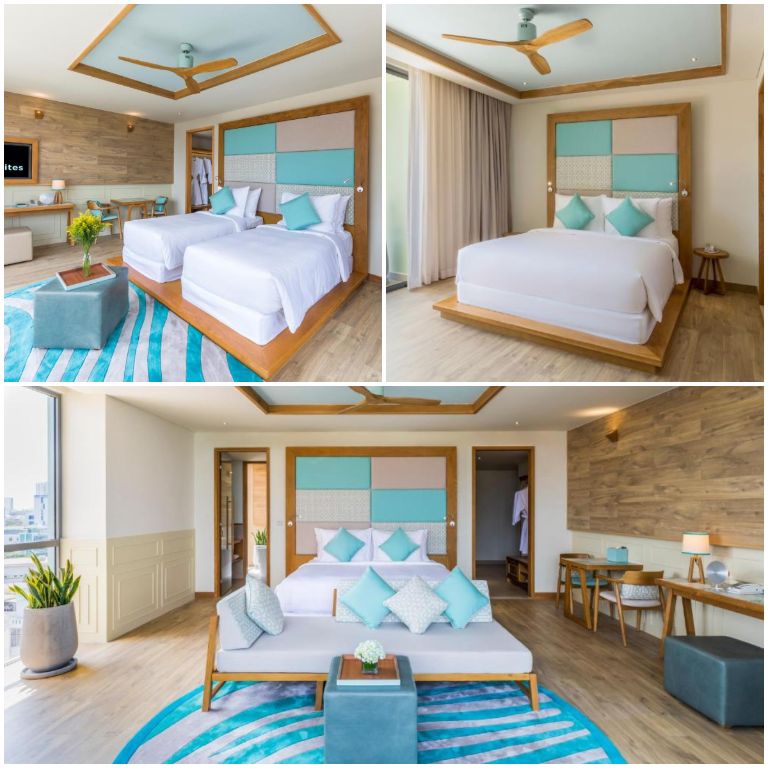 Phòng ngủ với 2 gam màu trắng và xanh tươi mát. (Nguồn: Booking.com) 