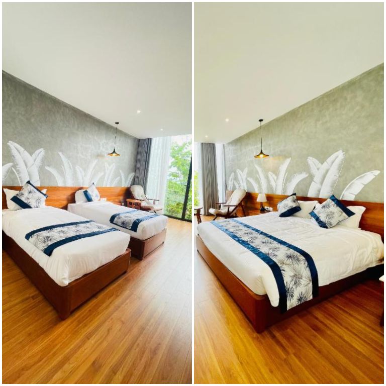 Thiết kế phòng ngủ mang phong cách tối giản với gam màu trắng và xám chủ đạo. (Nguồn: Booking.com) 