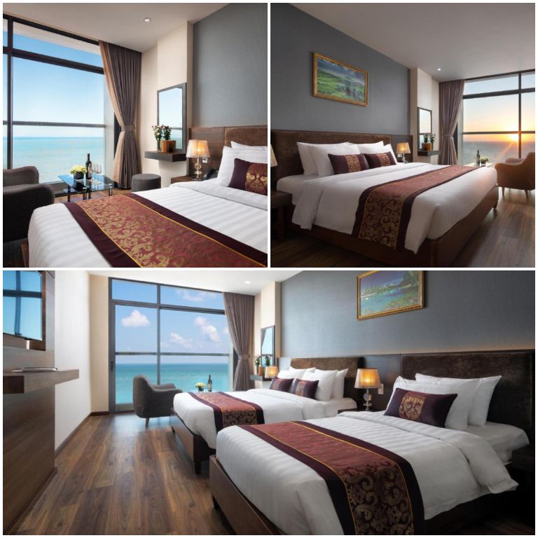 Phòng ngủ được thiết kế với hệ thống cửa kính lớn nhìn ra biển Bãi Sau. (Nguồn: Booking.com) 