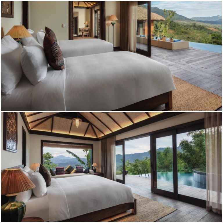 Phòng ngủ với cửa sổ kính lớn nhìn ra bể bơi và quang cảnh thiên nhiên cực chill. (Nguồn: Booking.com) 