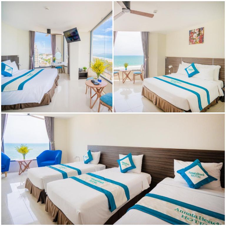 Được lấy cảm hứng từ biển, phòng nghỉ gồm 2 tone màu chủ đạo xanh và trắng. (Nguồn: Booking.com) 