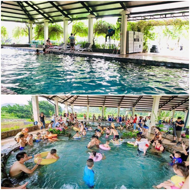 Bể bơi tắm khoáng nước nóng có mái che nằm ngay trong khuôn viên resort. (Nguồn: Facebook.com)