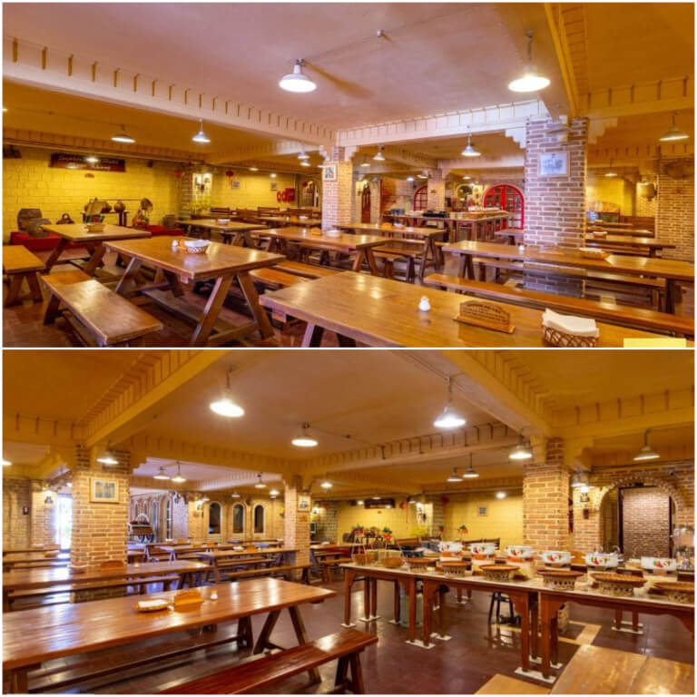 Nhà hàng sở dụng vật liệu hoàn toàn gỗ có sức chứa 200 thực khách.
