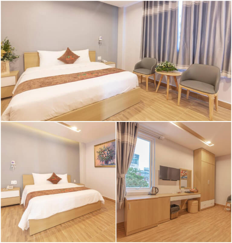 Phòng ngủ được sử dụng nội thất màu gỗ sáng.