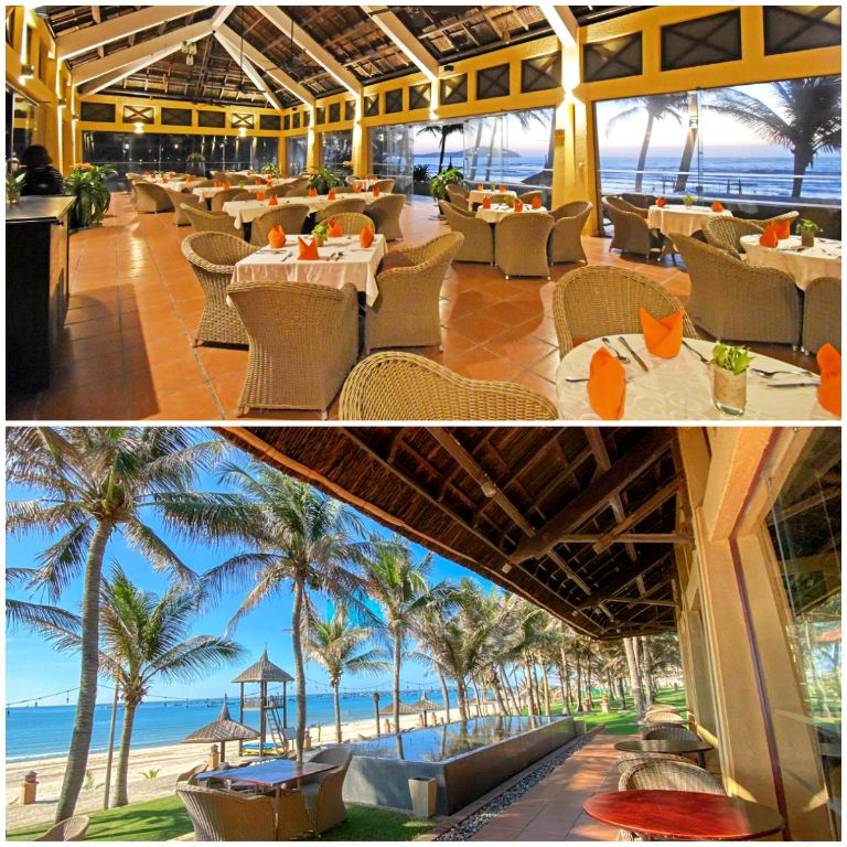 Nhà hàng The Sun Terrace tọa lạc ngay bên bờ biển xanh ngát, cho phép du khách vừa thưởng thức bữa ăn vừa nghe tiếng sóng vỗ rì rào. (Nguồn: Internet)