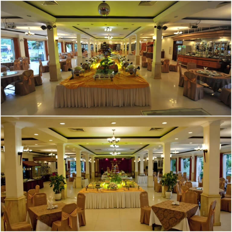 Không gian sảnh ăn chung rộng lớn với sức chứa lên tới 200 khách hàng. 