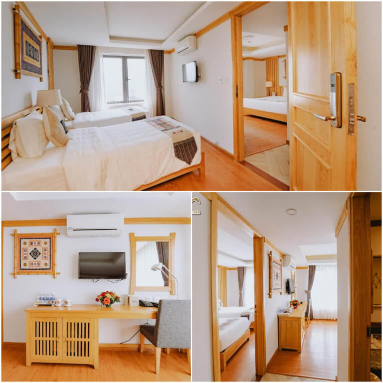 Phòng nghỉ sử dụng nội thất gỗ đồng kiểu thiết kế.