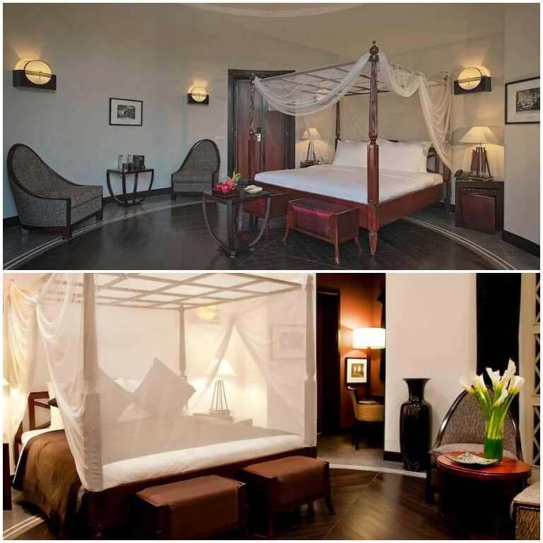 Căn phòng mang đậm nét kiến trúc thuộc địa cổ với giường kingsize rộng lớn có khung màn và sàn lát gỗ hoặc gạch gốm. 