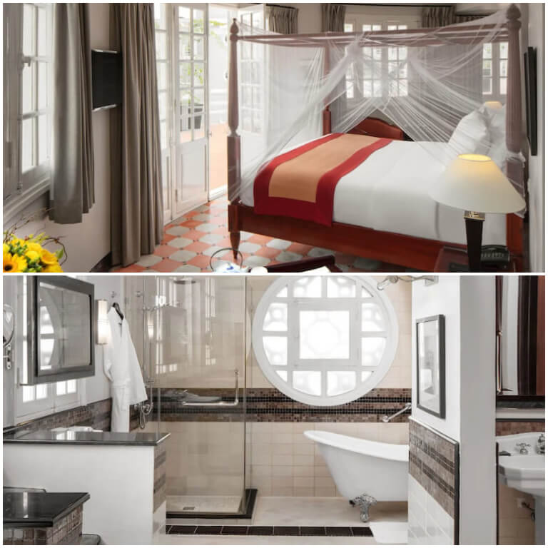 Phòng ngủ tại hạng phòng Suite Resident mang hơi hướng kiểu thuộc địa với việc sử dụng cửa sổ lá sách, lát gạch gốm và giường kingsize rộng lớn.