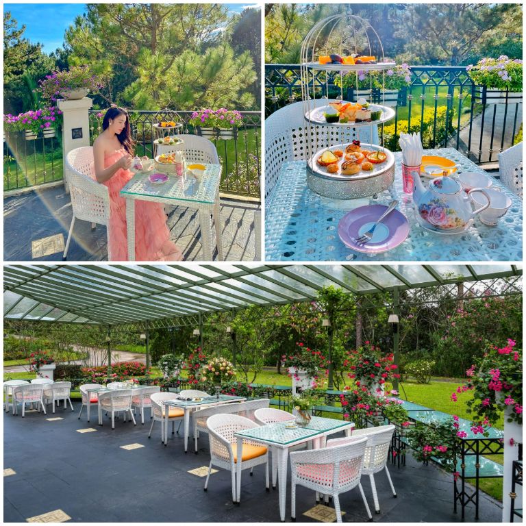 Không gian bên ngoài được trang trí nhiều hoa hồng và có view sân vườn lãng mạn, là địa điểm lý tưởng để du khách thưởng thức trà chiều. (Nguồn: Internet)