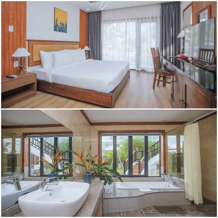 Phòng ngủ có thiết kế hiện đại khi sử dụng màu trắng kem làm chủ đạo với ban công rộng lớn nhìn ra khu vườn nhiệt đới xanh mát và được trang bị gường kingsize rộng lớn. 