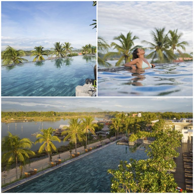 Hồ bơi vô cực tại Cocoland River Beach Resort & Spa có thiết kế tràn viền, tạo cảm giác không gian mênh mông bao la. (nguồn: cocolandriverbeach)