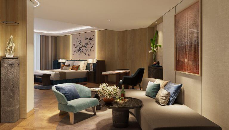 Phòng nghỉ hạng Royal Suite có thiết kế hiện đại, sang trọng với tone màu trung tính chủ đạo. (Nguồn: dreamdragonresort)