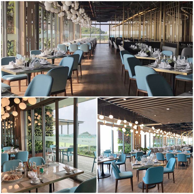 Lan Ha Restaurant tạo điểm nhấn bằng các đồ nội thất có màu trắng và xanh mát mắt.