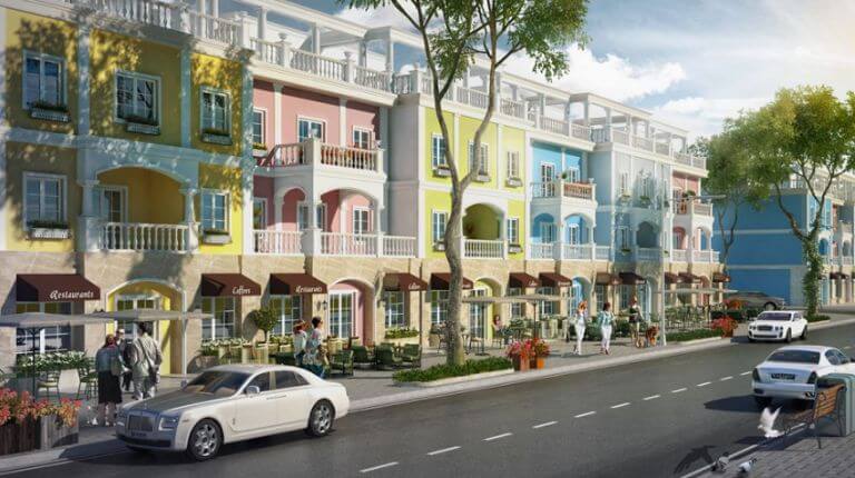 Các tòa nhà cao tầng đầy màu sắc tại khu phố mua sắm sầm uất của FLC Đồ Sơn Beach & Golf Resort. (Nguồn: internet)