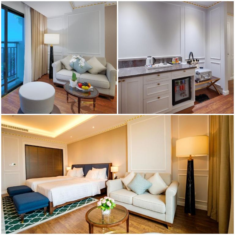Căn phòng được trang bị đầy đủ nội thất với gam màu trắng, nâu và xanh (nguồn: Booking.com).