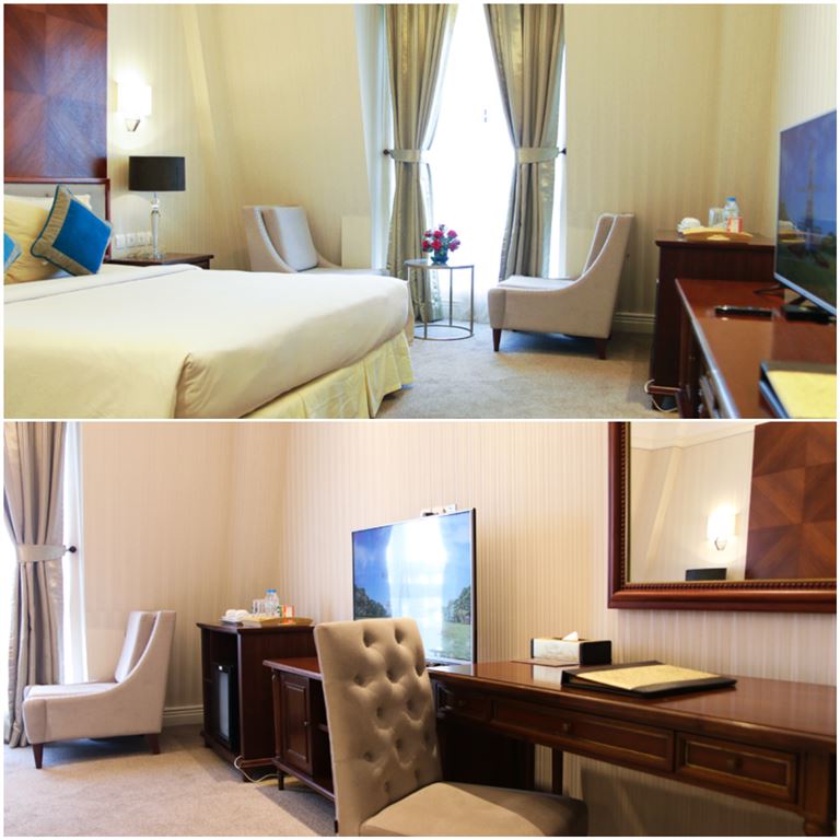 Deluxe Double Room được thiết kế đơn giản những đẹp mắt với tường lát gỗ, trần đóng thạch cao hiện đại. 
