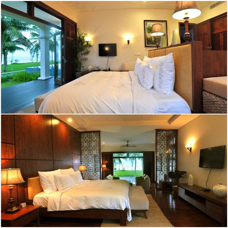 Các căn biệt thự tại Furama Resort Đà Nẵng có hai tầng, được chia thành các khu vực riêng biệt là phòng khách, phòng bếp, phòng ngủ và ban công.