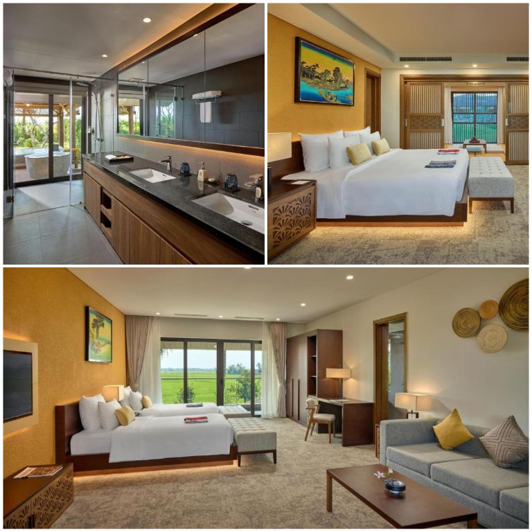 Hạng phòng Ruri Villa – 03 Bedrooms mang đến không gian nghỉ sang trọng với gam màu vàng đồng kết hợp nội thất đen (nguồn: booking.com)