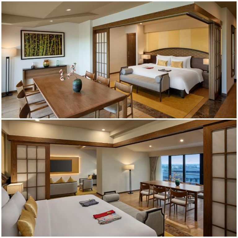 Hạng phòng Sakura Suite được thiết kế phòng ngủ và phòng ăn riêng biệt, với thiết kế đồng điệu gam màu vàng (nguồn: booking.com)