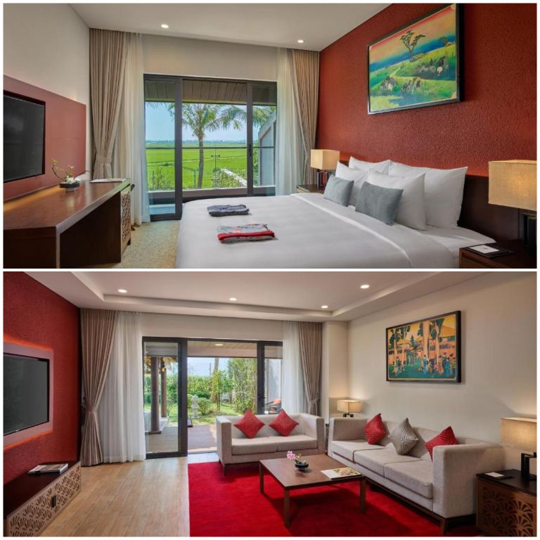 Hạng phòng Akane Villa – 02 Bedrooms sở hữu 2 phòng ngủ thiết kế ấn tượng với gam màu đỏ cùng view hướng đồng lúa (nguồn: booking.com)
