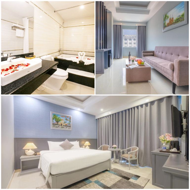 Khách sạn Ocean Pearl Phú Quốc sở hữu các phòng nghỉ có thiết kế hiện đại theo tông màu be, xám, tím pastel chủ đạo (nguồn: booking.com)