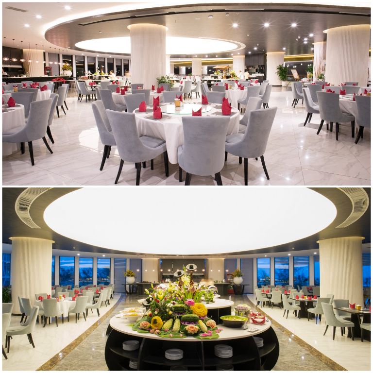 Muong Thanh Luxury Phu Quoc Hotel có nhà hàng thiết kế hiện đại với thiết kế trần cách điệu hình xoắn ốc độc lạ cho du khách tha hồ check in (nguồn: booking.com)