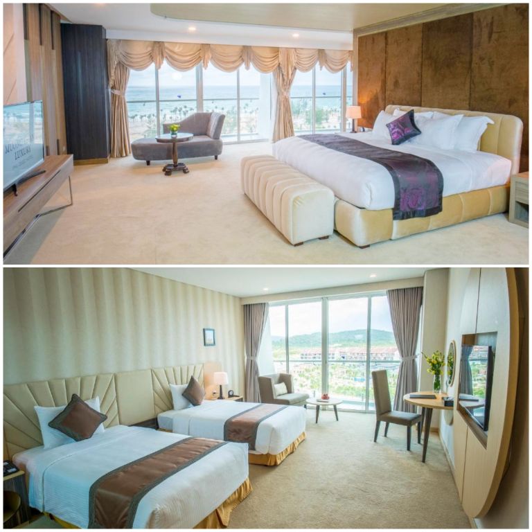 Muong Thanh Luxury Phu Quoc Hotel sở hữu hệ thống phòng ốc có thiết kế tông màu ấm nâu be kết hợp với trải giường tông tím tạo sự cách điệu (nguồn: booking.com)