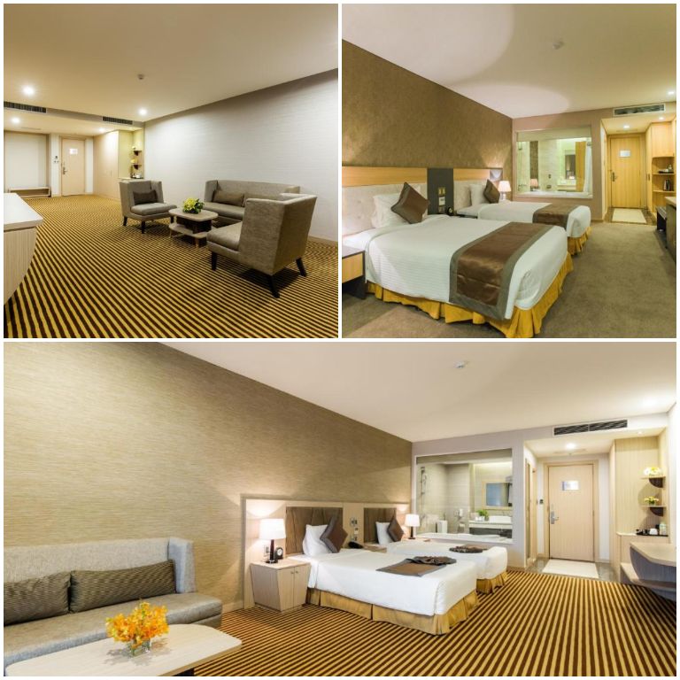 Khách sạn Mường Thanh Luxury Nha Trang sở hữu phòng nghỉ được thiết kế vớ gam màu trầm, toàn bộ phòng là cửa kính trong suốt.