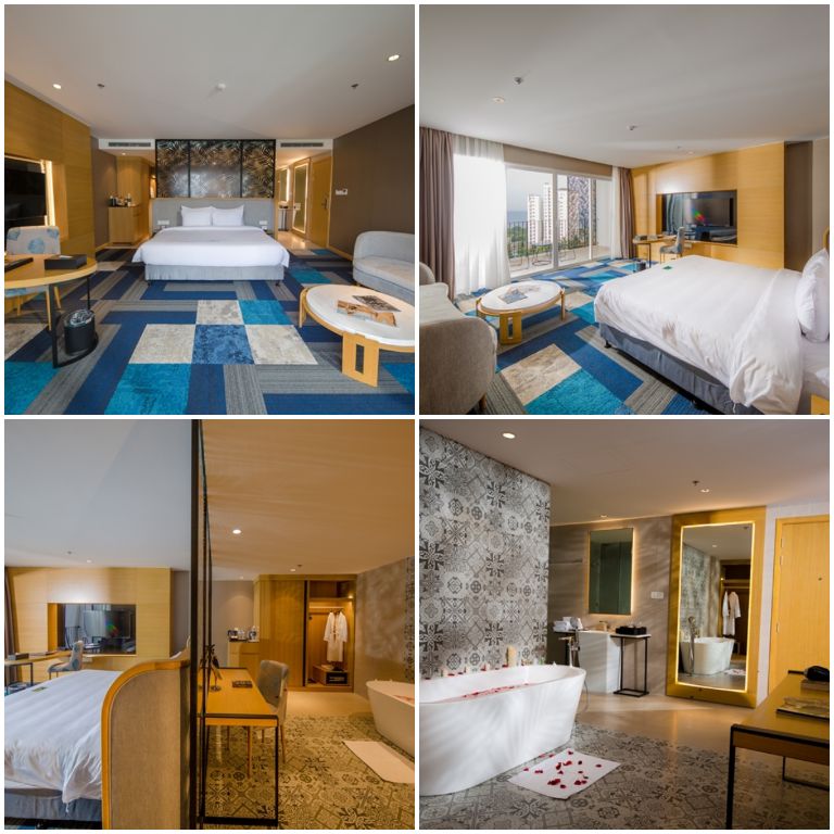 Khách sạn Quinter Central Nha Trang sở hữu những căn phòng nghỉ với không gian lạ mắt bởi tone màu xanh dương kết hợp với xám. 
