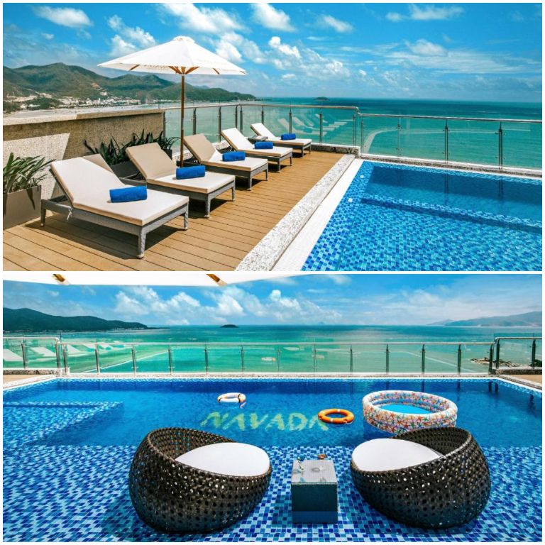 Hồ bơi vô cực nằm trên tầng cao nhất của khách sạn với view 360 độ ra thiên nhiên và cảnh biển, được bao quanh bởi kính và ghế nắng. 