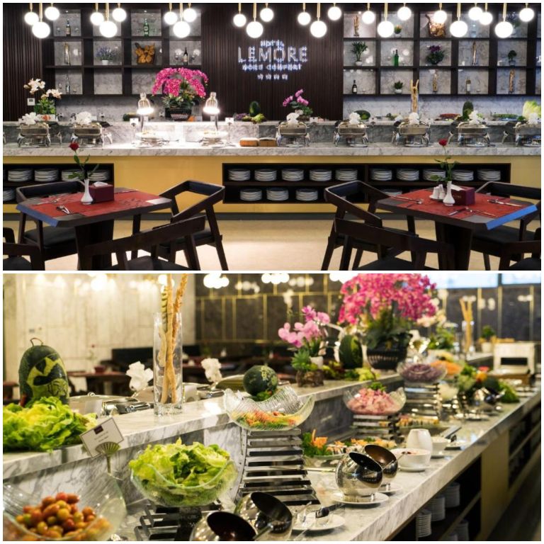 Lemore Hotel Nha Trang với nhà hàng mang lối kiến trúc Bắc Âu mang đến ẩm thực Á cùng hơn 40 món buffet tự chọn cao cấp.