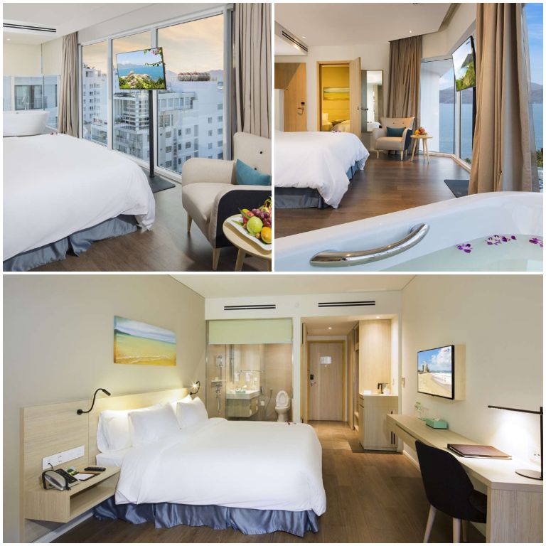 Hệ thống phòng nghỉ tại Khách sạn Liberty Nha Trang mang kiến trúc thiết kế đương đại, có cửa kính trong suốt lớn nhìn toàn cảnh biển.