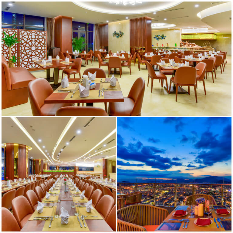 Nhà hàng tại khách sạn Regalia Gold có sức chứa lớn, phục vụ đa dạng các món ăn đủ vị Á Âu trong một không gian sang trọng có view nhìn ra bãi biển cực đẹp.