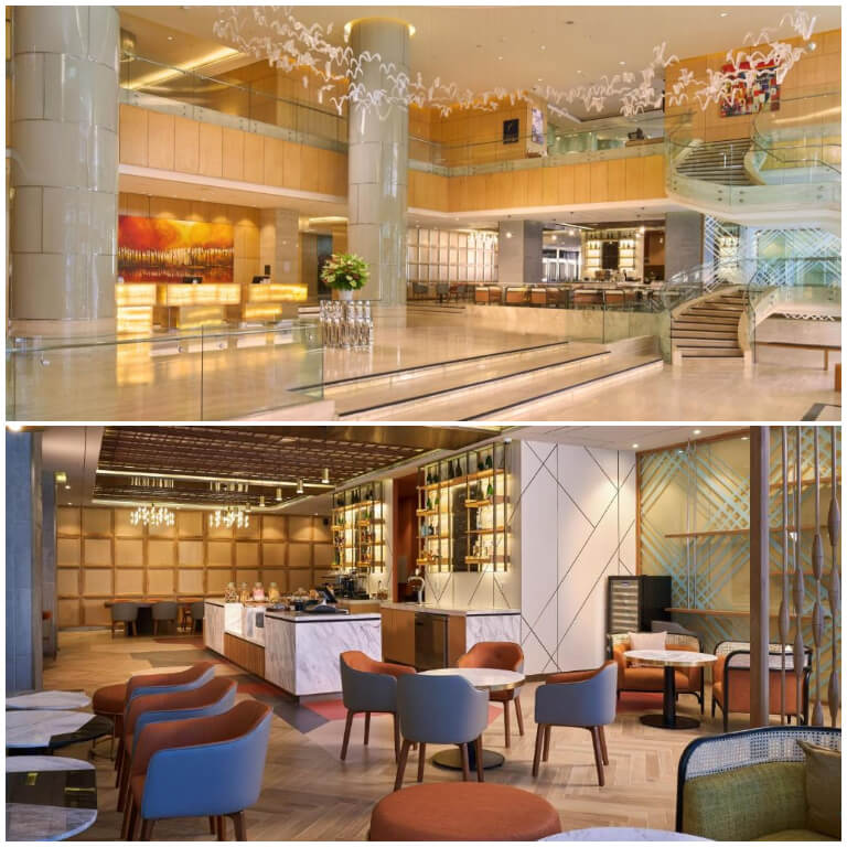 Sảnh chính của khách sạn được bao phủ bởi kính trong suốt, nổi bật với chiếc đèn chùm tạo hình một đàn hạc đang bay và là không gian nghỉ ngơi của các du khách.
