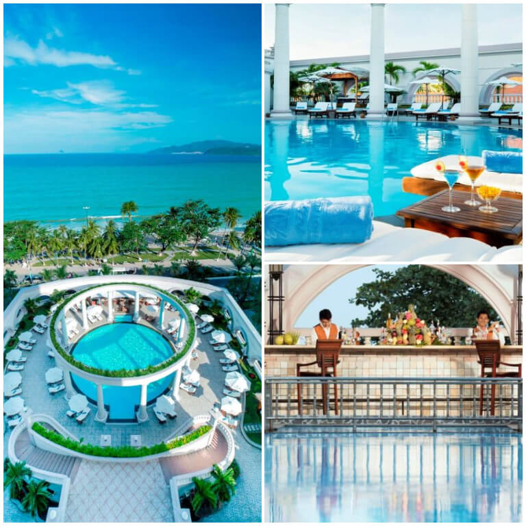 Bể bơi tại Sunrise Nha Trang Beach Hotel & Spa lấy cảm hứng từ thiết kế La Mã, là không gian thư giãn và check in độc đáo mà du khách không thể bỏ qua. 