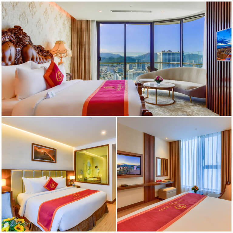 Các căn phòng tại Regalia Gold có thiết kế sang trọng, được trang bị giường kingsize rộng lớn với phong cách tân cổ điển và có view nhìn ra bãi biển vô cùng đẹp.