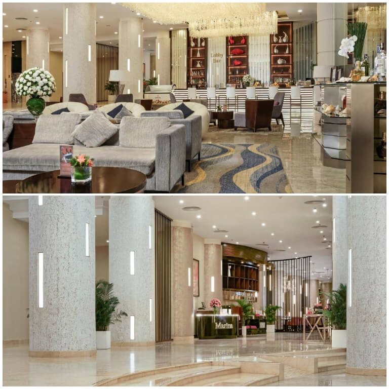 Khu vực sảnh chờ tại khách sạn Vinpearl Nha Trang có thiết kế sang trọng cùng với nội thất được bày trí tinh tế đem lại một không gian mở thoáng đoãng. 