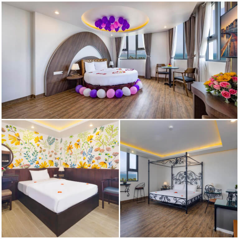 Mỗi căn phòng tại Azura Gold Hotel lại được thiết kế một phong cách khác nhau, nổi bật là nội thất được làm từ gỗ và được chạm khắc tinh xảo. 