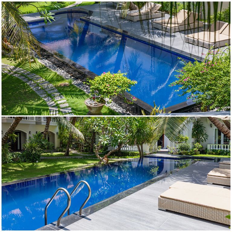 Khách sạn bố trí thêm một bể bơi ngoài trời có thiết kế hình chữ nhật rộng rãi giữa không gian khu vườn nhiệt đới xanh mát.