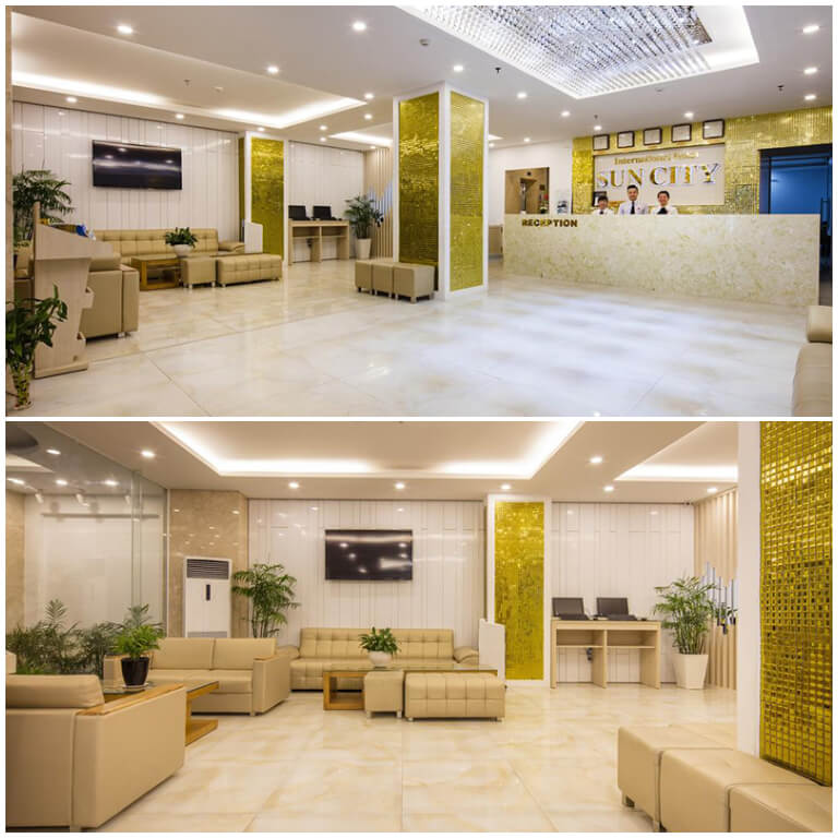 Sảnh chính của khách sạn Sun City Nha Trang có thiết kế sang trọng, được trang bị bàn ghế và đội ngũ nhân viên luôn túc trực 24/7 để phục vụ du khách một cách tốt nhất. 