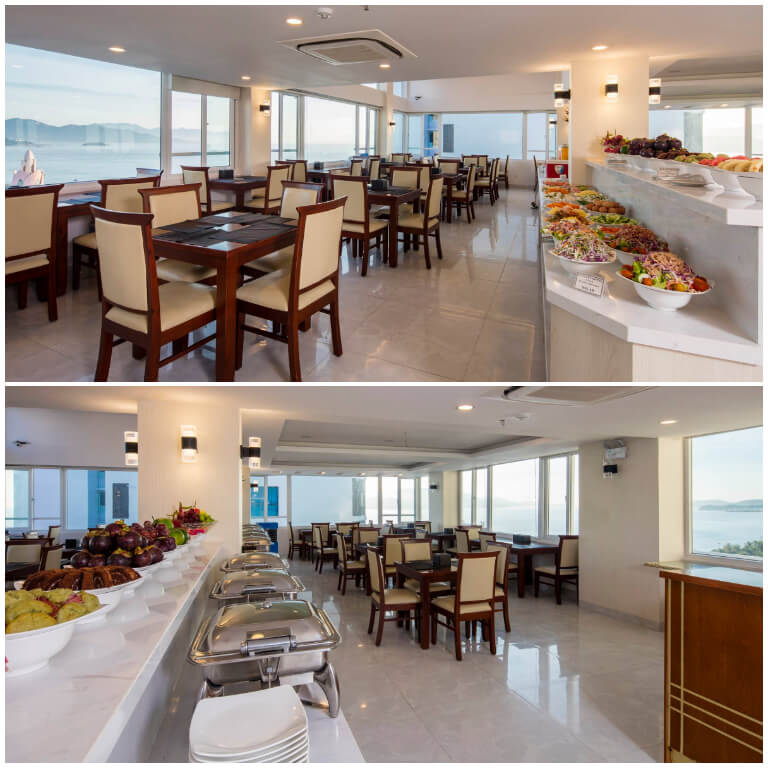 Nhà hàng trên cao tại khách sạn Sun City Nha Trang sẽ đem đến cho du khách những trải nghiệm ẩm thực độc đáo với các món ăn ngon và view biển Nha Trang cực xịn xò.