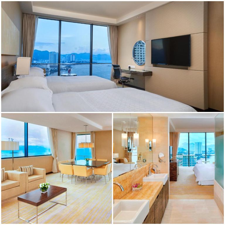 Phòng Apartment nằm tại 2 tầng với 2 phòng ngủ với tone màu chủ đạo là xanh, vàng và nâu kết hợp với hệ thống cửa kính full phòng. 