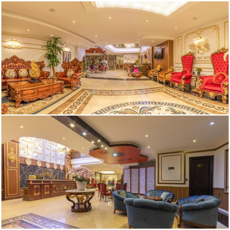 Khách Sạn Queen T&T Đà Lạt sở hữu không gian tiền sảnh lấy cảm hứng thiết kế từ phong cách kiến trúc Pháp thượng lưu, sử dụng gam màu vàng đồng chủ đạo (nguồn: booking.com)