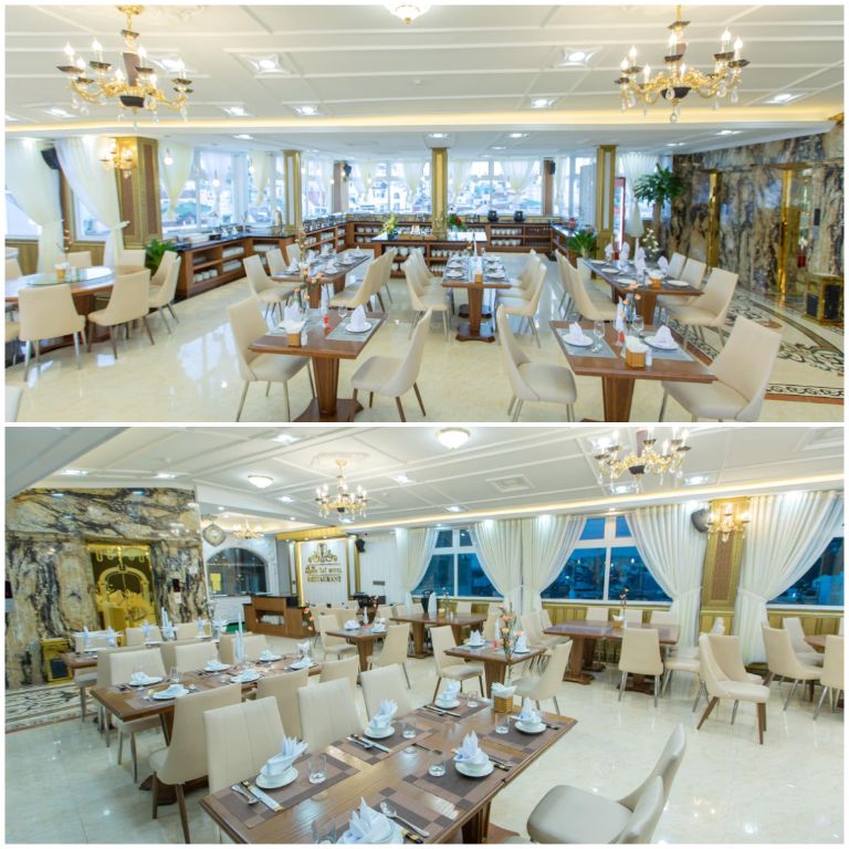 Nhà hàng Queen T&T Đà Lạt mang đến không gian thưởng thức ẩm thực chuẩn Âu với lối kiến trúc hiện đại, gam màu trắng chủ đạo kết hợp nội thất màu be sang trọng (nguồn: facebook.com)
