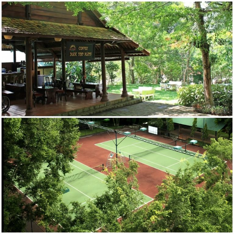 Madagui Resort với Sân tennis và quán cafe của Madagui resort được đặt cạnh trong cùng một không gian. 
